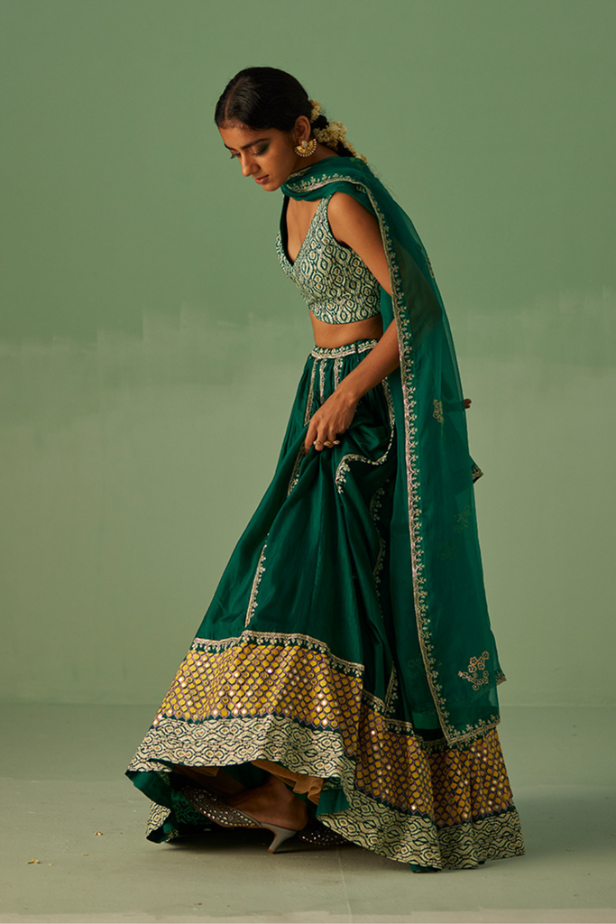 Buy Mirrorwork Fully Embroidered Choli With A Turquoise,Yellow And Lime  Green Mehendi Lehenga. Online for Women by TWO SISTERS BY GYANS - 4084339