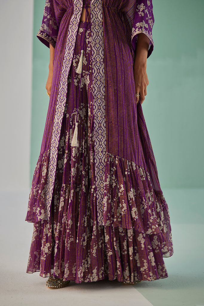 Purple Tiered Kaftan, Sharara And Blouse Set