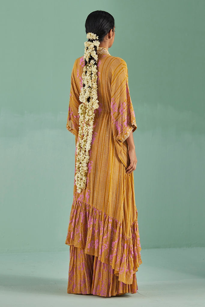 Ochre Tiered Kaftan, Sharara And Blouse Set