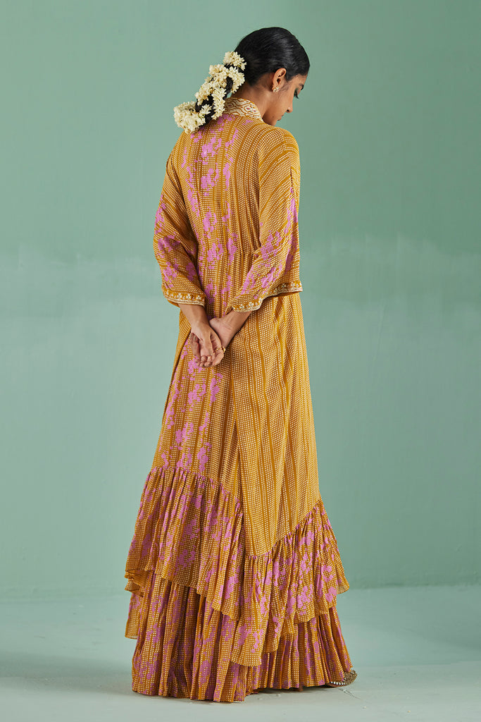 Ochre Tiered Kaftan, Sharara And Blouse Set