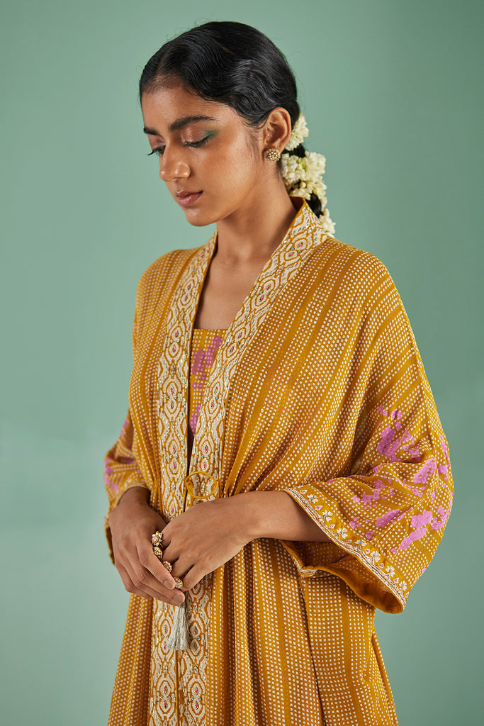 Ochre Tiered Kaftan, Sharara And Blouse Set