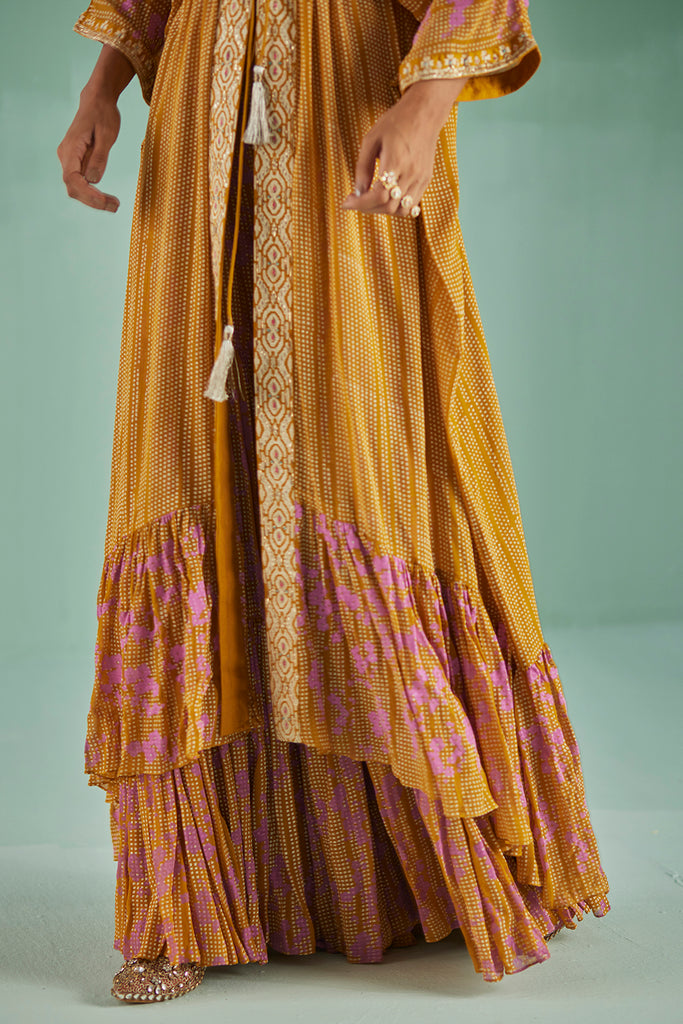 Ochre Tiered Kaftan, Sharara And Blouse Set