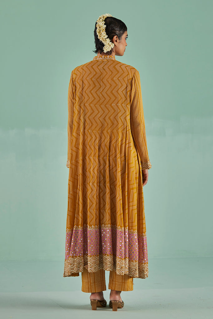 Ochre Anarkali , Inner, Trouser And Dupatta Set