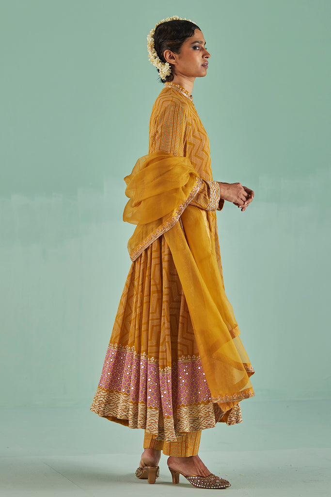 Ochre Anarkali , Inner, Trouser And Dupatta Set