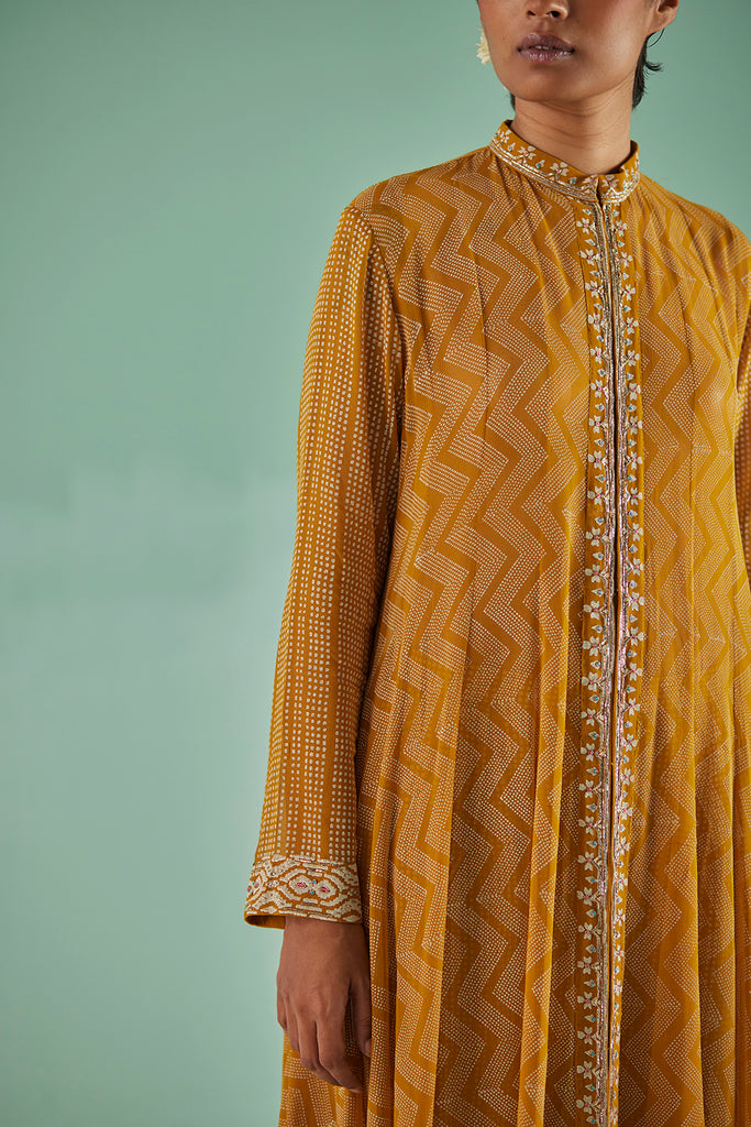 Ochre Anarkali , Inner, Trouser And Dupatta Set