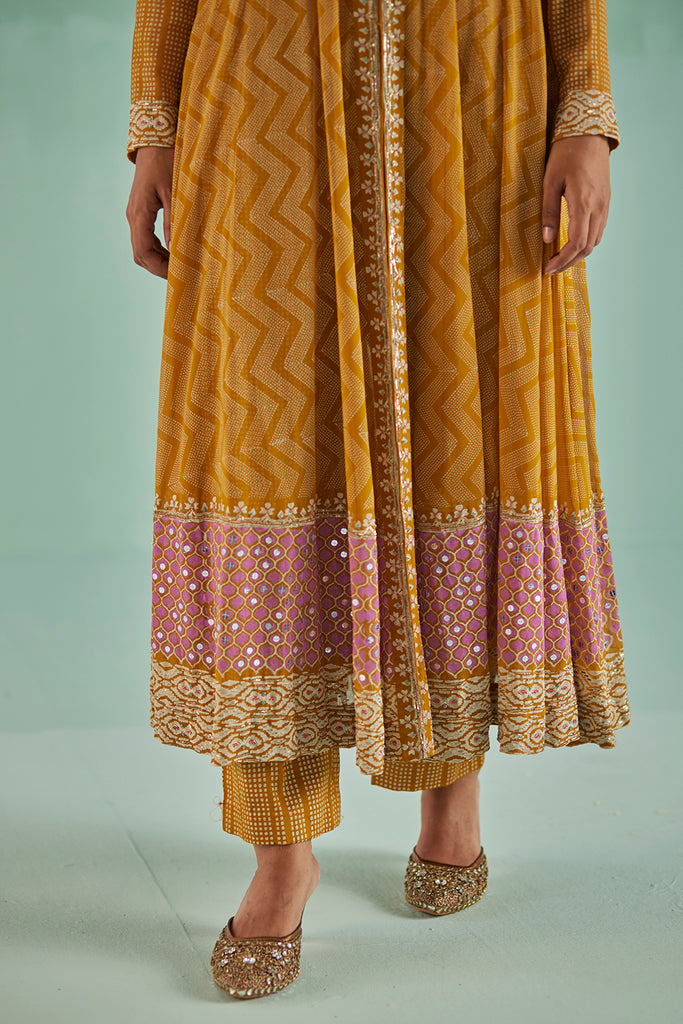 Ochre Anarkali , Inner, Trouser And Dupatta Set