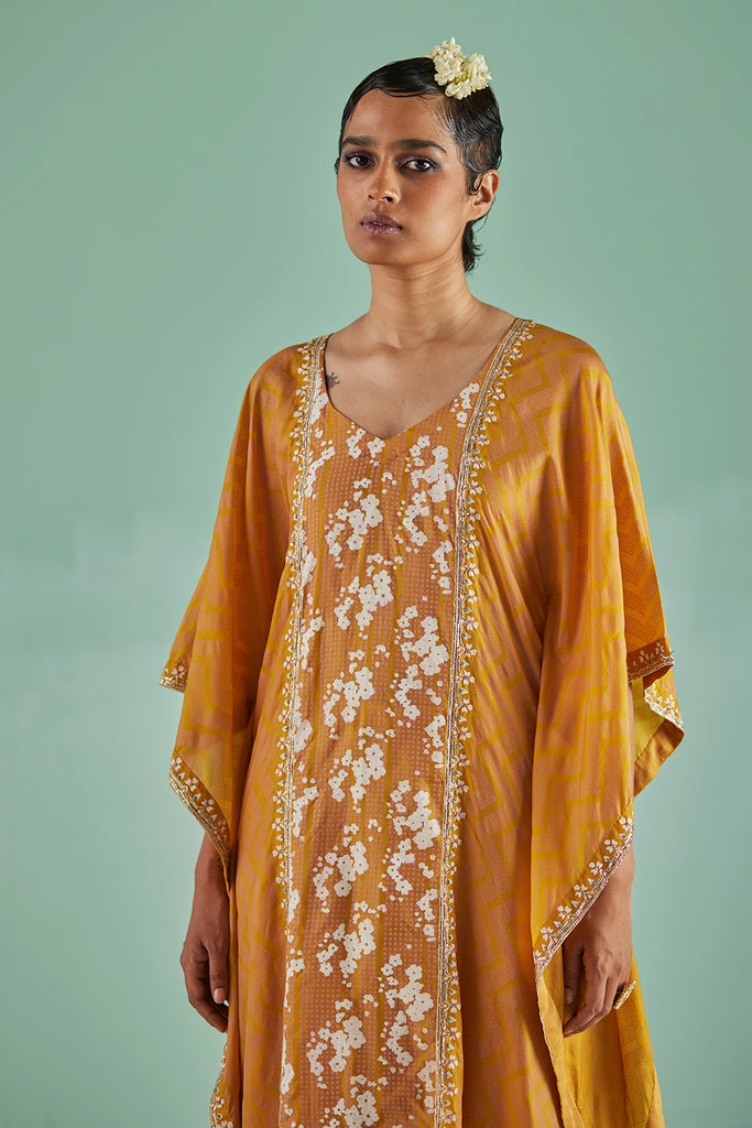 Ochre Silk Kaftan , Inner And Trouser Set