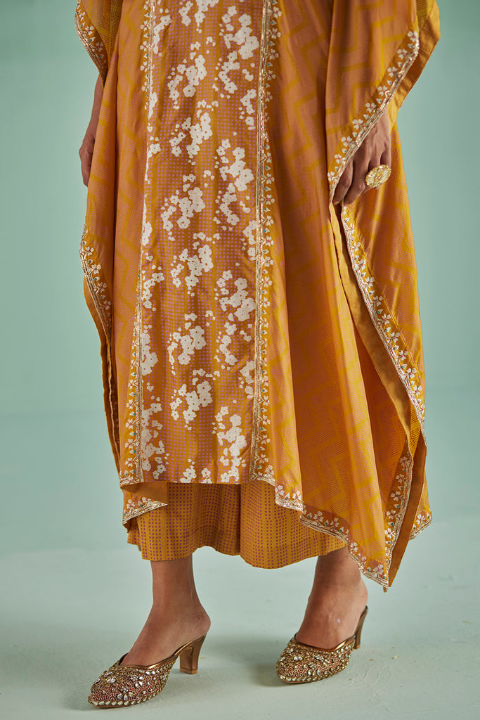 Ochre Silk Kaftan , Inner And Trouser Set