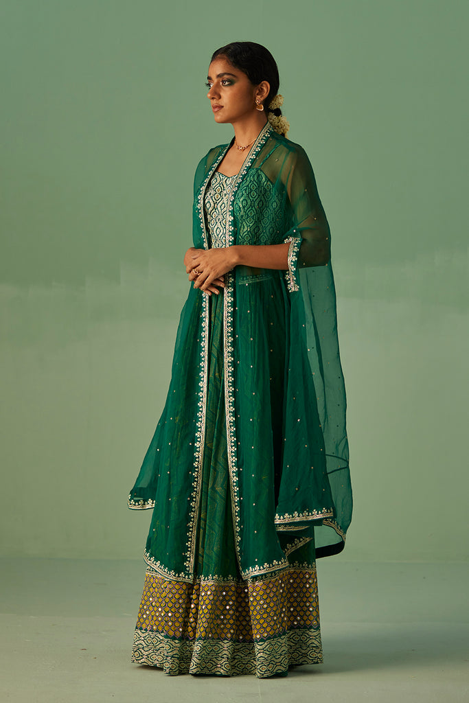 Emerald Green Organza Cape , Blouse And Sharara Set