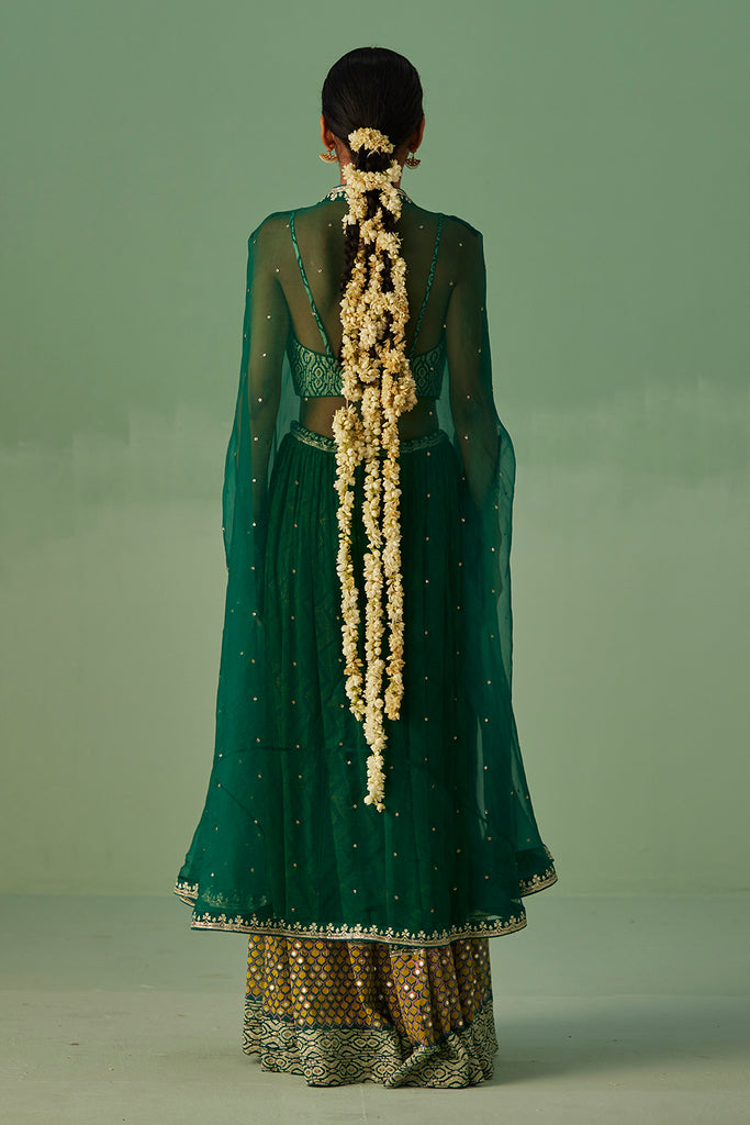 Emerald Green Organza Cape , Blouse And Sharara Set