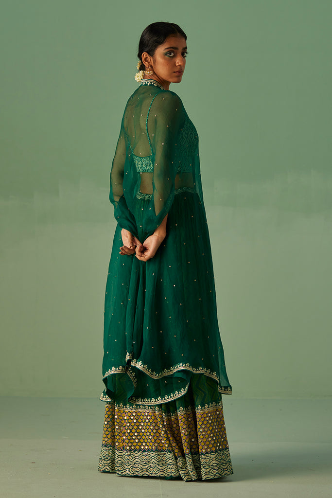 Emerald Green Organza Cape , Blouse And Sharara Set