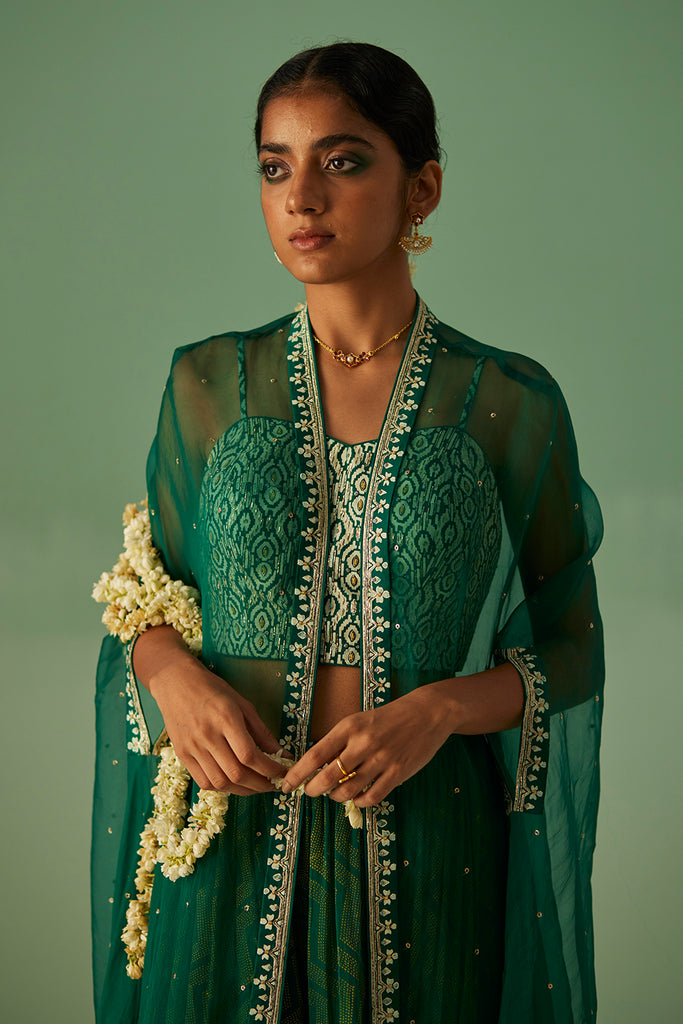 Emerald Green Organza Cape , Blouse And Sharara Set