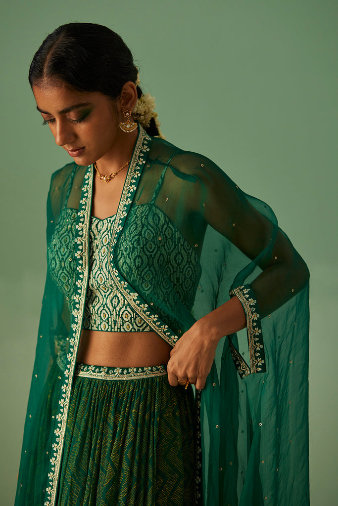 Emerald Green Organza Cape , Blouse And Sharara Set