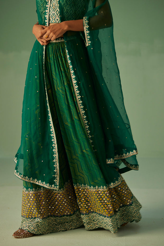 Emerald Green Organza Cape , Blouse And Sharara Set