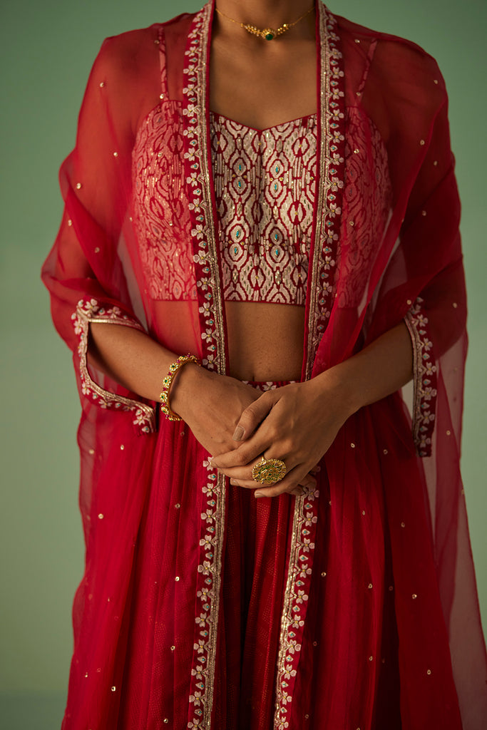 Red Organza Cape , Blouse And Sharara Set