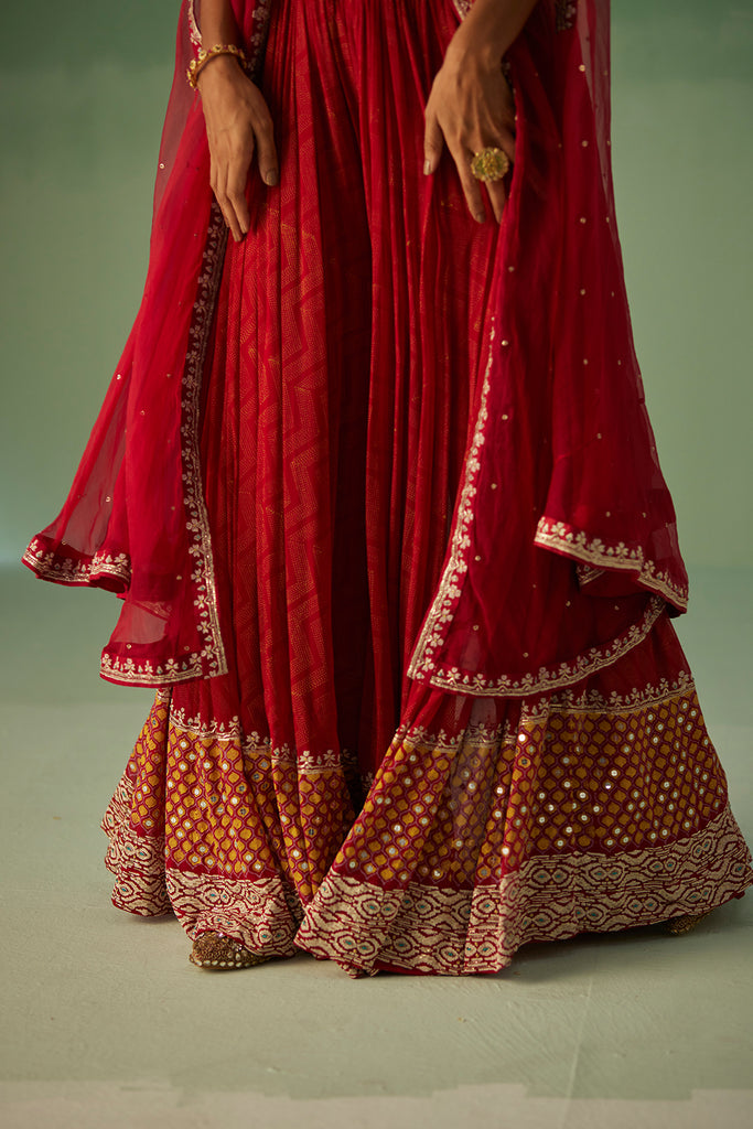 Red Organza Cape , Blouse And Sharara Set