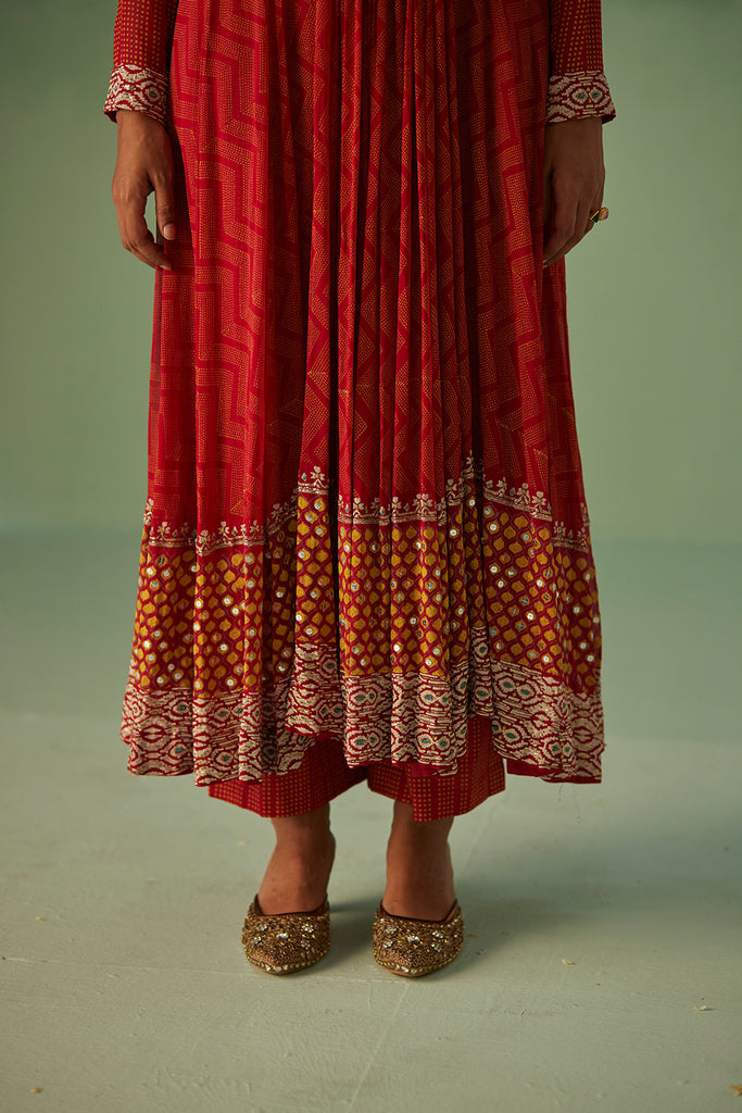 Red Anarkali , Inner, Trouser And Dupatta Set