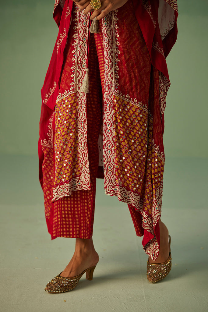 Red Zig-Zag Kaftan,Blouse And Trouser Set