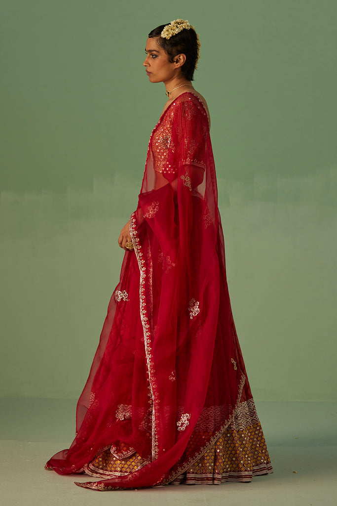 Red Lehenga, Blouse And Dupatta Set