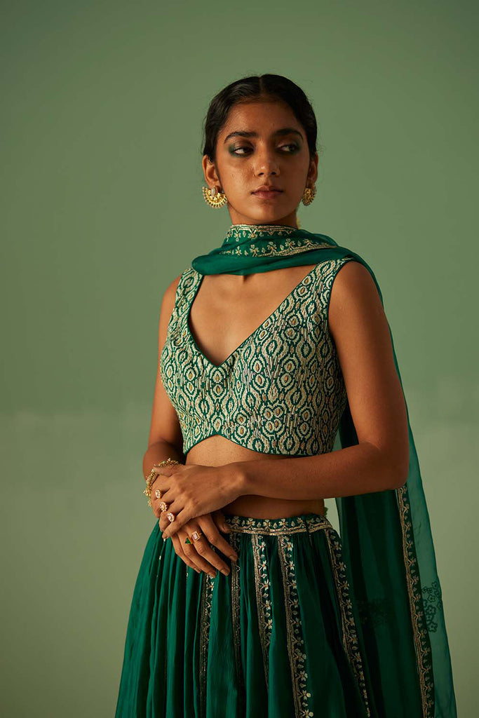 Emerald Green Lehenga,Blouse And Dupatta Set