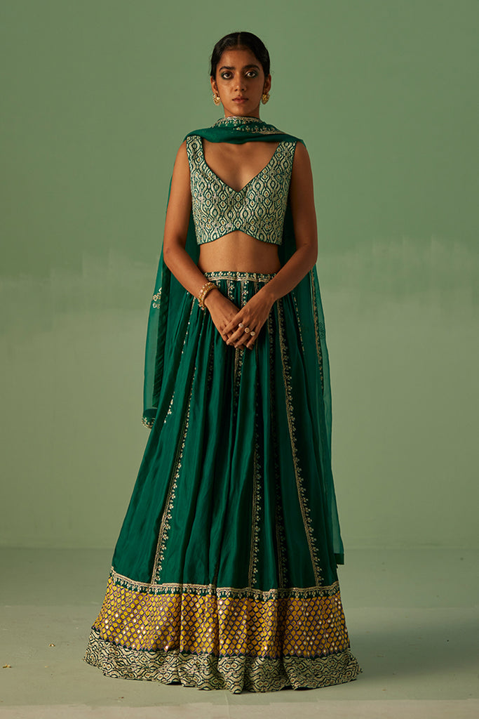 Green Lehenga With Heavy Soft Net And Thread Sequins Embroid