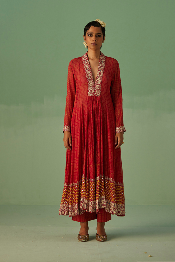 Red Anarkali , Inner, Trouser And Dupatta Set