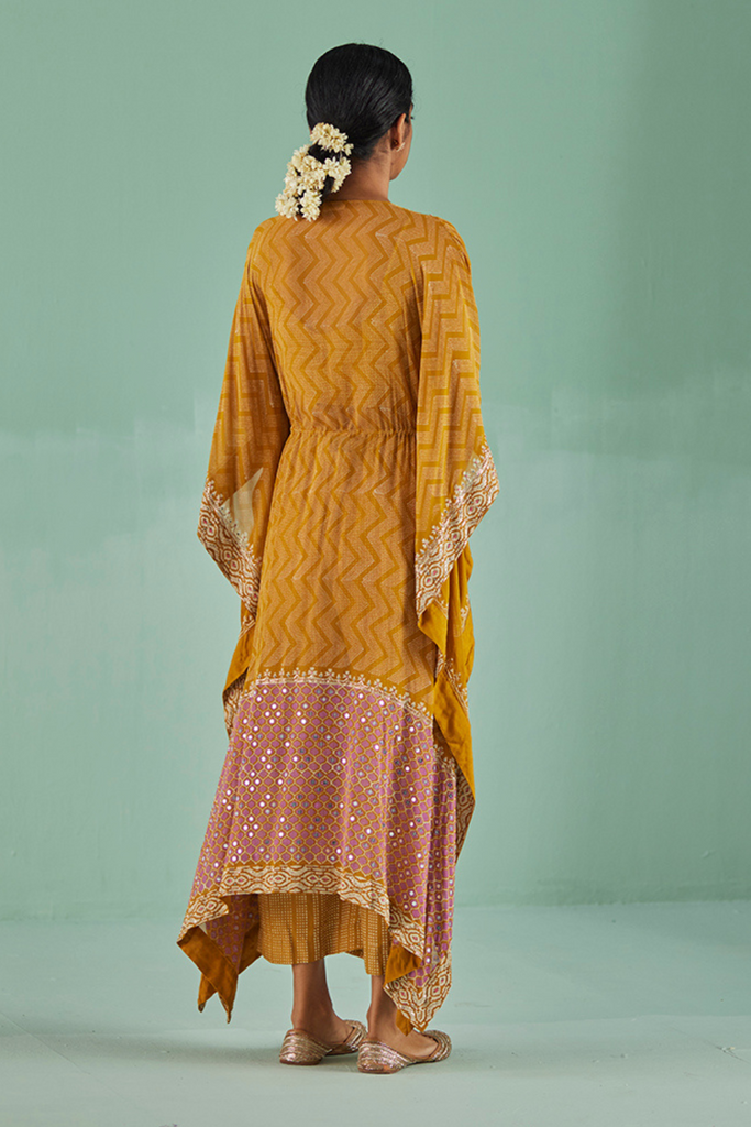 Ochre Zig-Zag Kaftan,Blouse And Trouser Set