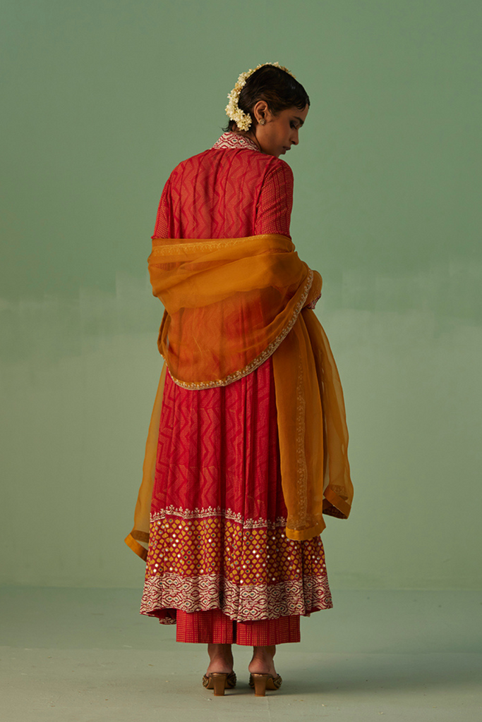 Red Anarkali , Inner, Trouser And Dupatta Set