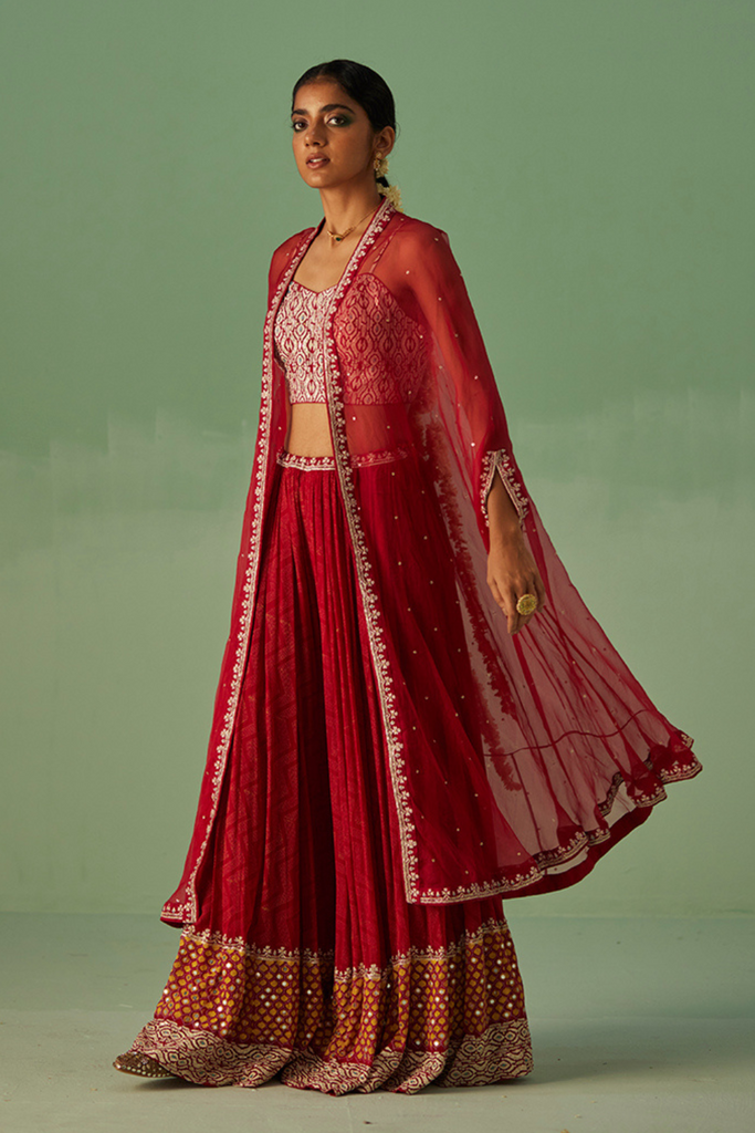 Red Organza Cape , Blouse And Sharara Set