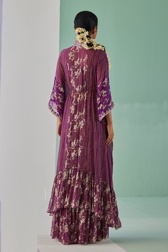 Purple Tiered Kaftan, Sharara And Blouse Set