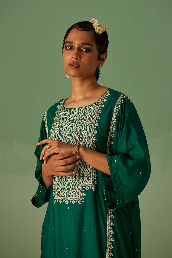 Emerald Green Yoke Kaftan, Inner And Trouser