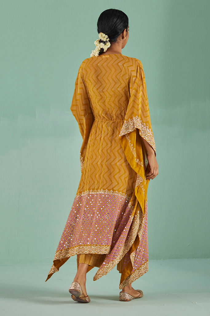 Ochre Zig-Zag Kaftan,Blouse And Trouser Set