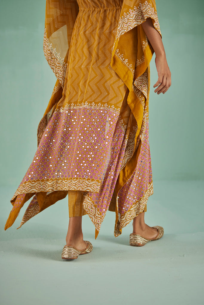 Ochre Zig-Zag Kaftan,Blouse And Trouser Set