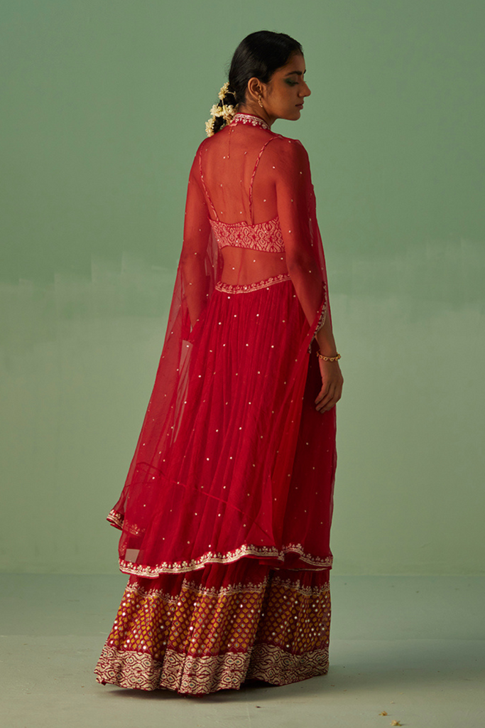 Red Organza Cape , Blouse And Sharara Set