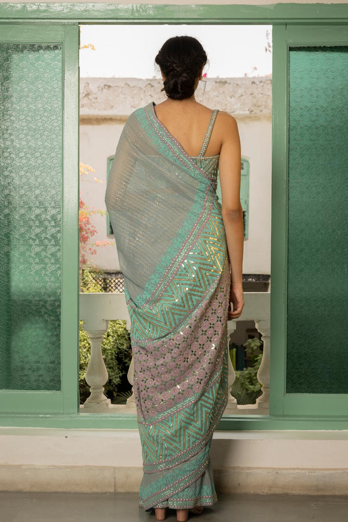 Sage Green Metallic Pre-Pleated Sari with Silver Mirror Work Blouse &  Border – VP RETAILER