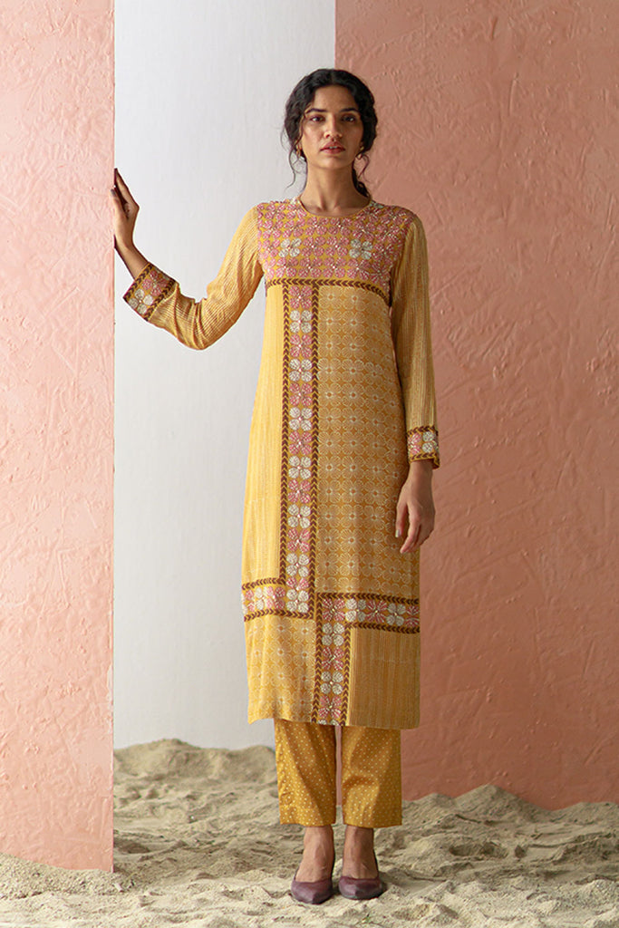 Viscose Rayon Indo Era Yellow Embroidered Straight Kurta Trousers With  Dupatta Set at Rs 1546/piece in Surat