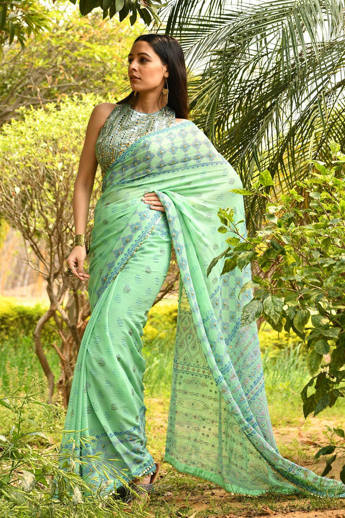 Light green Saree with Stone Cotton UK - SR21248