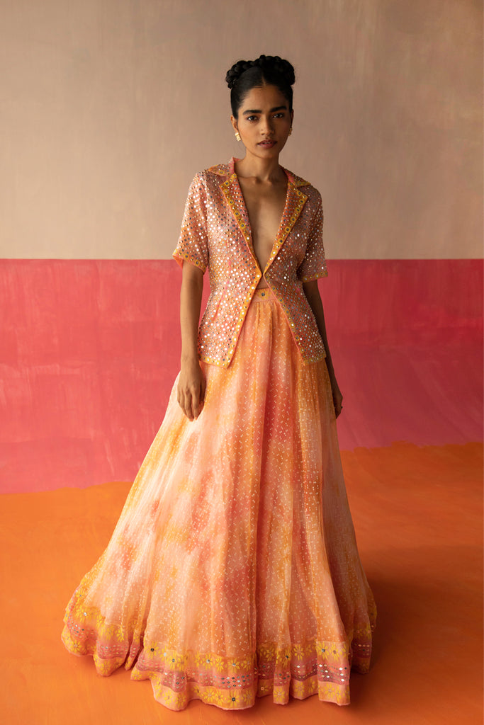 Buy Pink-Orange Shaded Amy Short Jacket Lehenga Set by Designer SURBHI  GUPTA Online at Ogaan.com