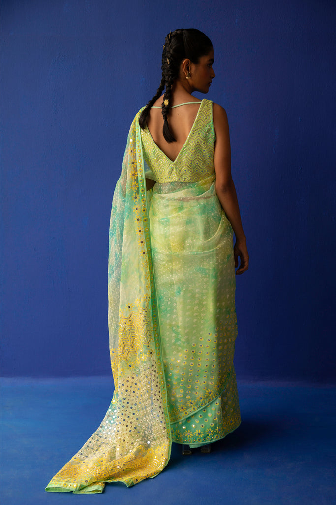 Gold Colour Saree with Green Blouse | Orange Yellow Saree Designer