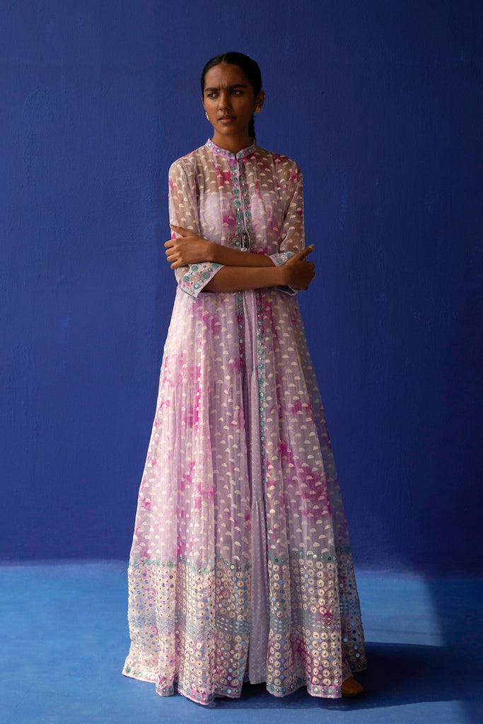 Lilac/Fuschia TIE 'N' DYE JUDE Long Jacket and Tiered Dress Set. | Surbhiguptaofficial Lilac/Fuschia TIE 'N' DYE JUDE Long Jacket and Tiered Dress Set. | Surbhiguptaofficial